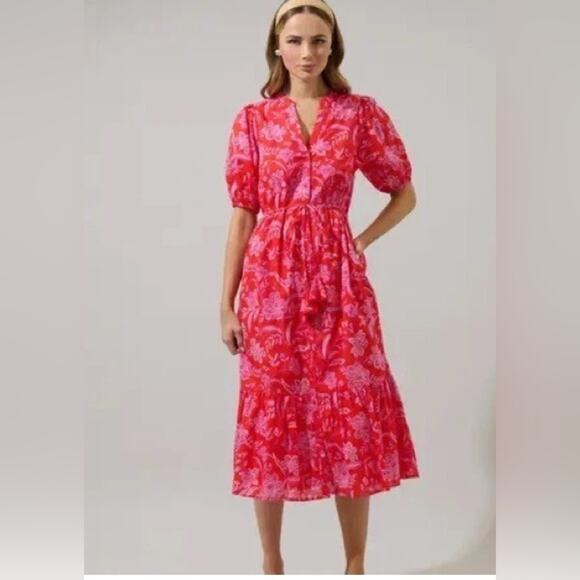 Saks Fifth Avenue Dresses & Skirts - Saks Fifth Avenue Tiered Floral Maxi Dress Elastic Waist Tassel Pink Red